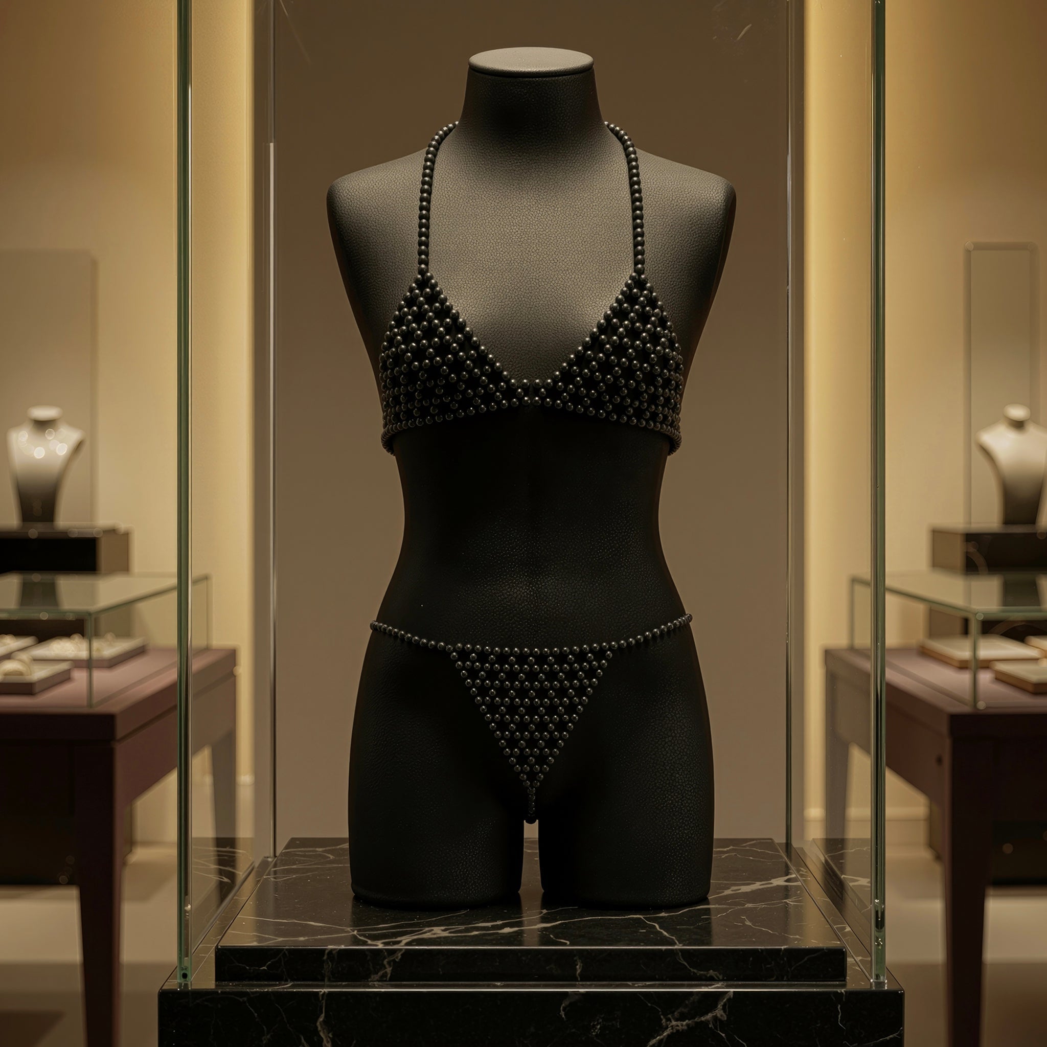 Luxury handmade body jewelry collection by LUMI featuring crystal and pearl bras, bikinis, and statement belt.