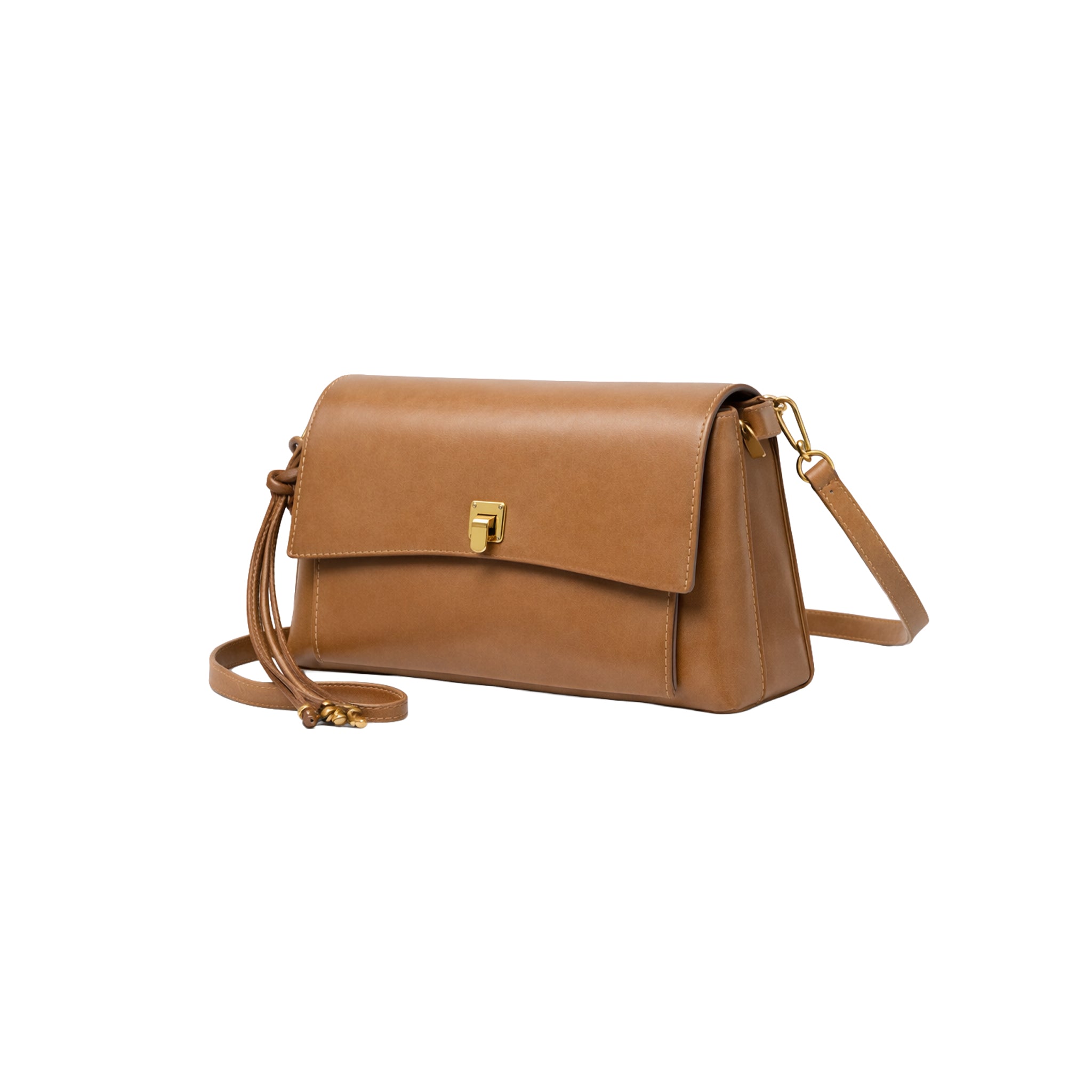 Tan crossbody flap bag with an adjustable shoulder strap and gold-tone hardware by Lumi.