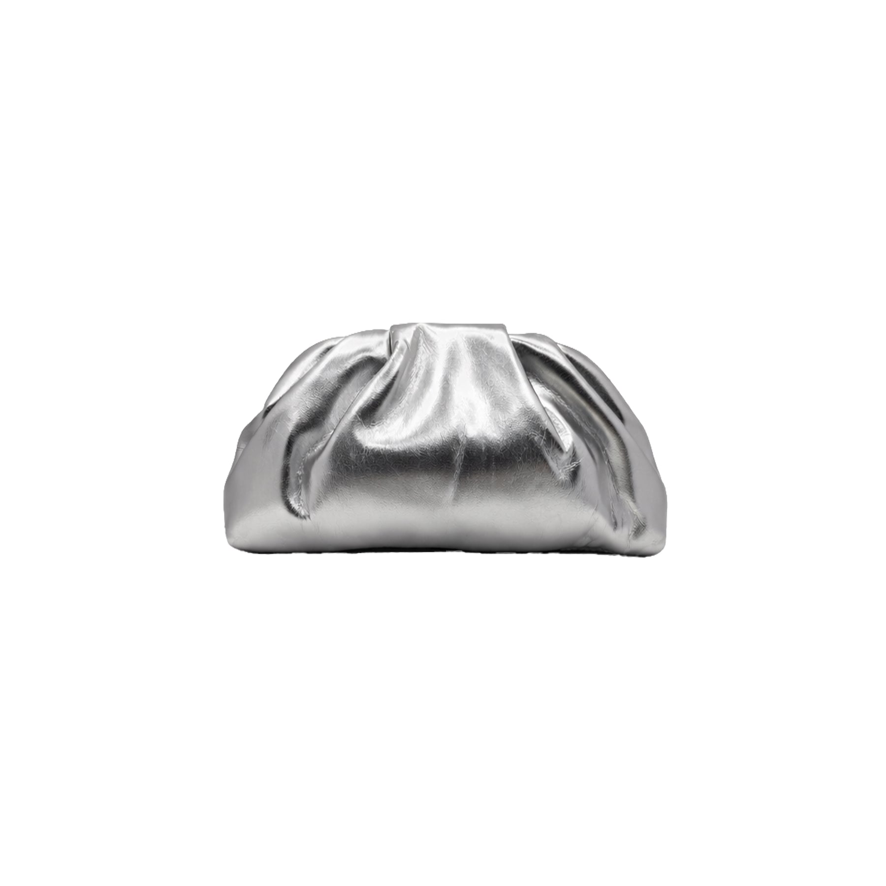 Silver clutch bag with a modern gathered design by Lumi.