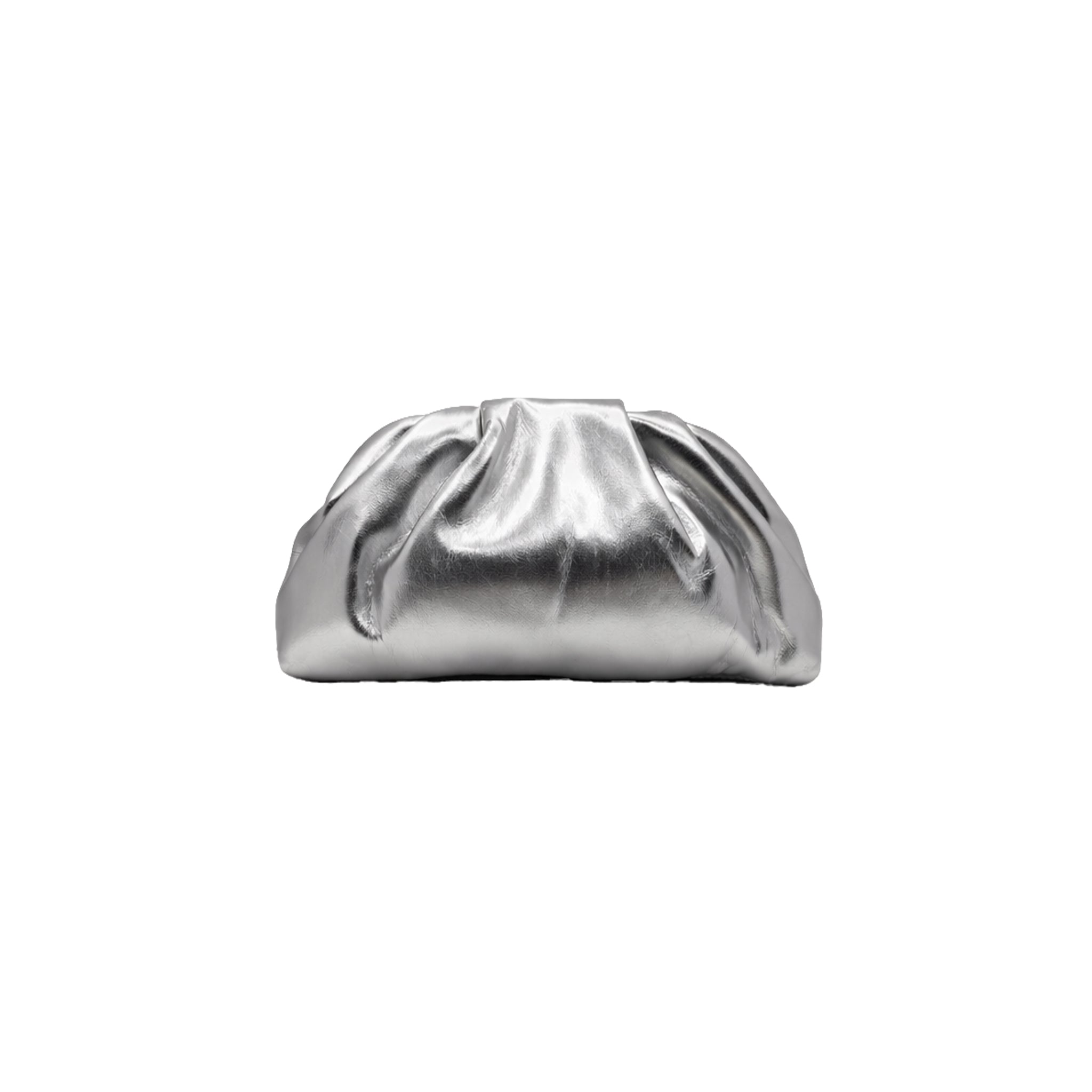 Silver clutch bag with a modern gathered design by Lumi.