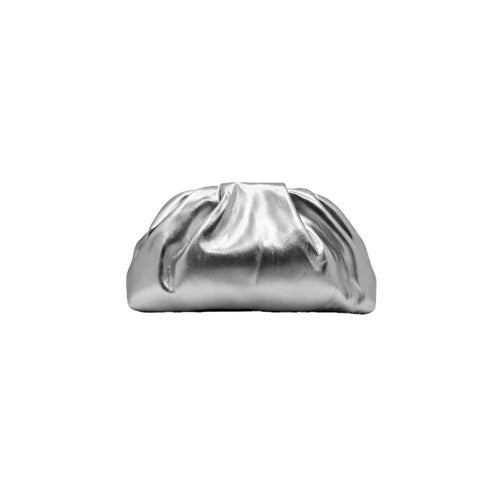 Silver clutch bag with a modern gathered design by Lumi.