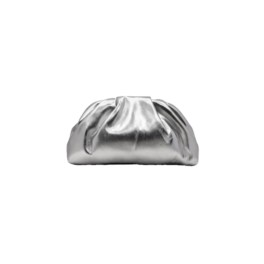 Silver clutch bag with a modern gathered design by Lumi.
