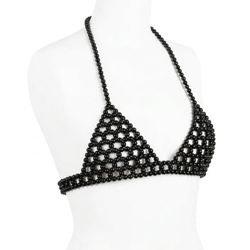 Eclipse Noir black pearl body jewelry bra with adjustable gold-tone chains, LUMI atelier