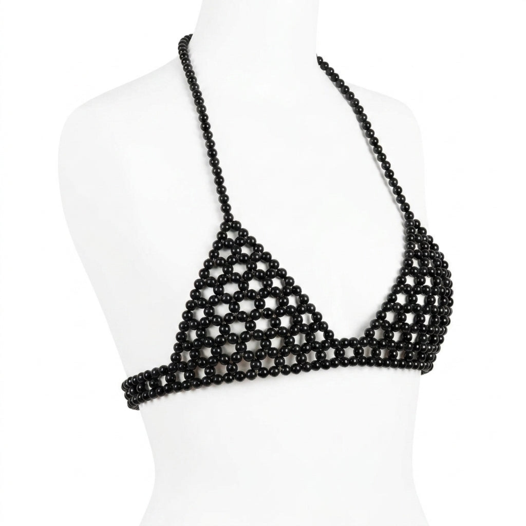 Handmade ivory pearl body jewelry bra with adjustable gold-tone chains by LUMI.