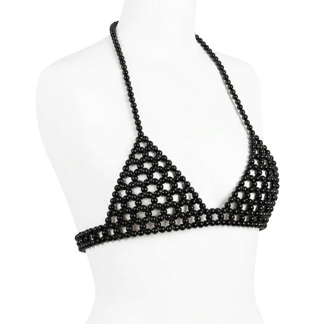 Handmade ivory pearl body jewelry bra with adjustable gold-tone chains by LUMI.