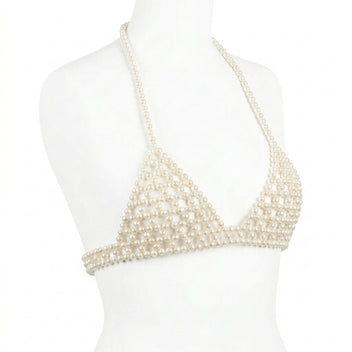 Handmade ivory pearl body jewelry bra with adjustable gold-tone chains by LUMI.