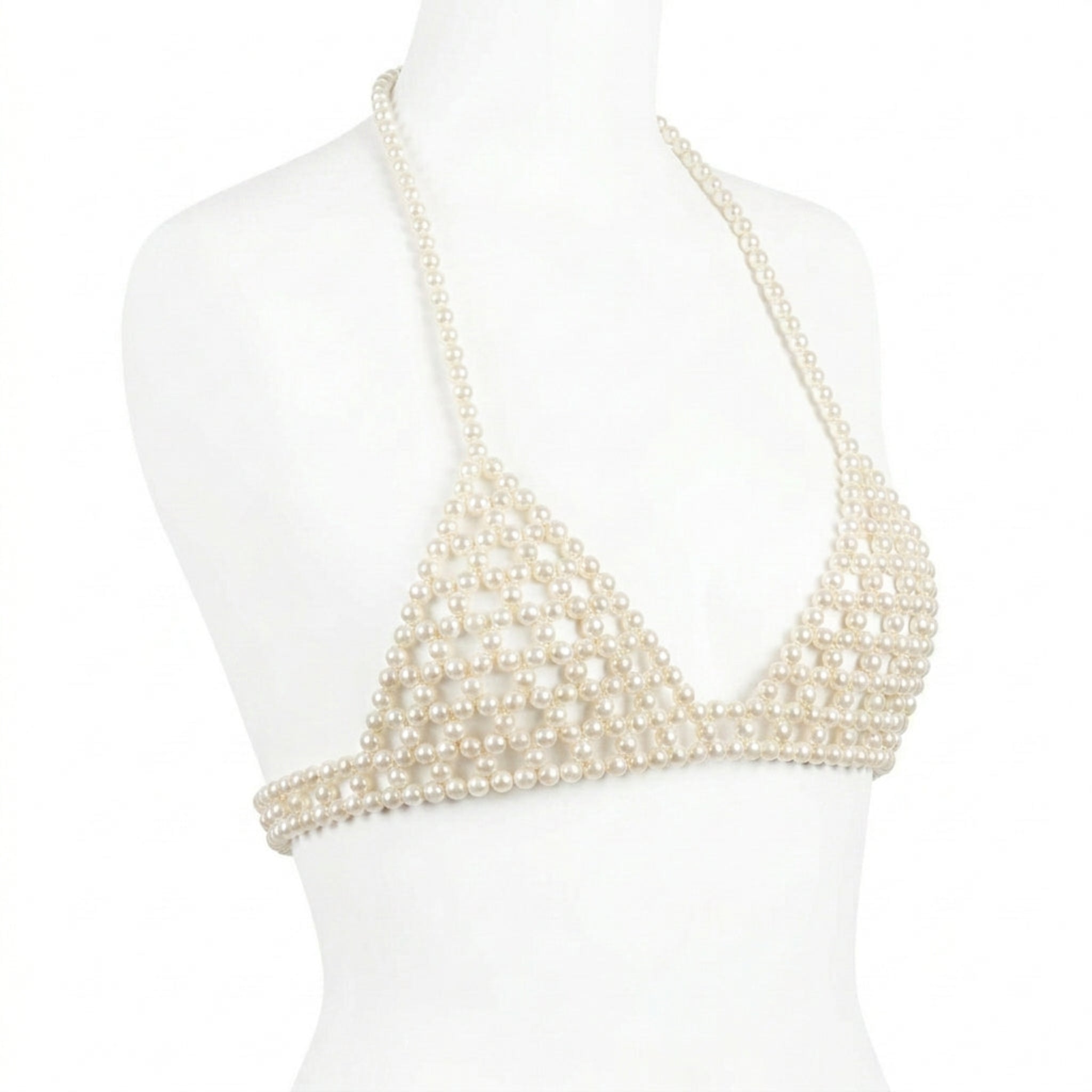 Handmade ivory pearl body jewelry bra with adjustable gold-tone chains by LUMI.