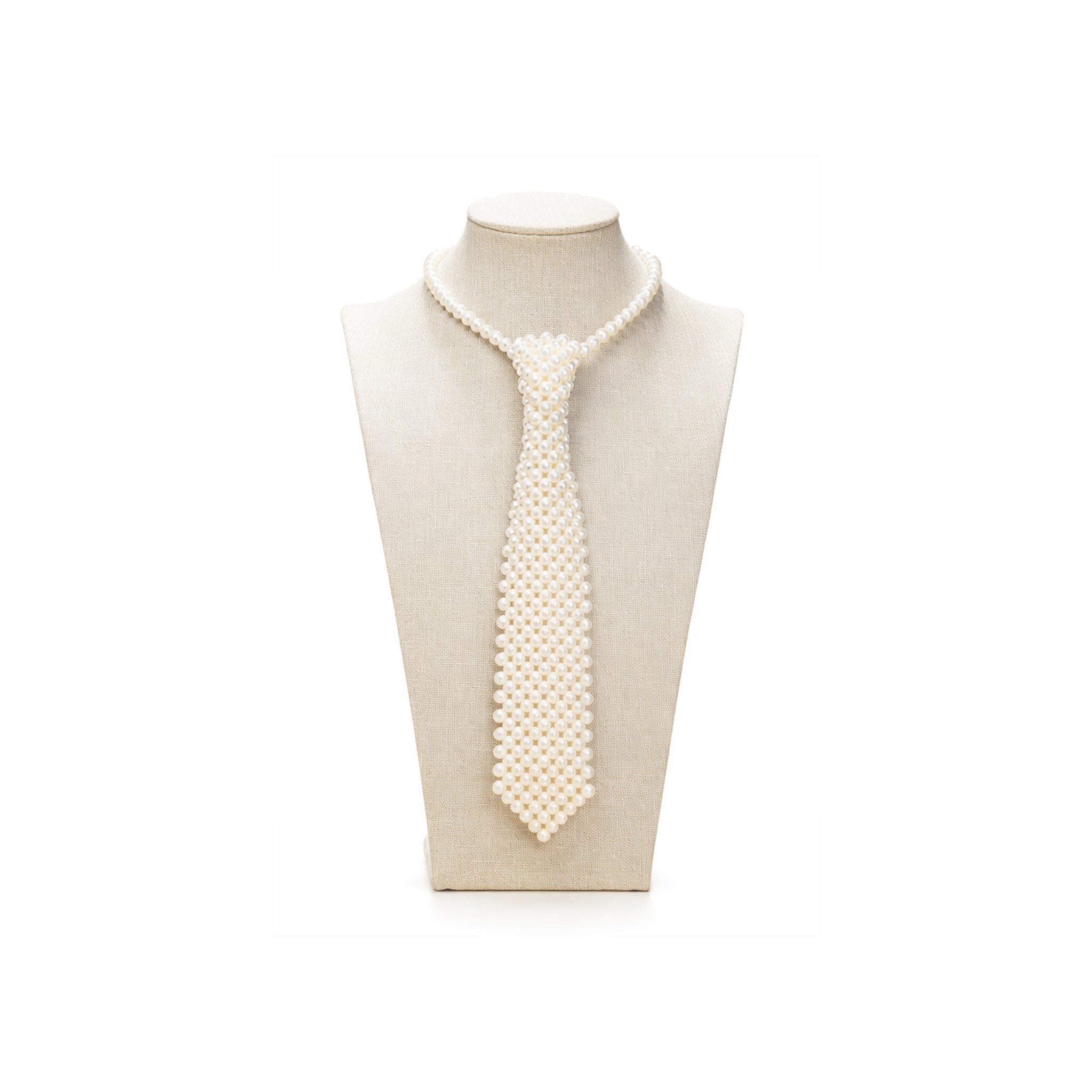 Handmade ivory pearl necktie with a refined tie-inspired silhouette by Lumi.