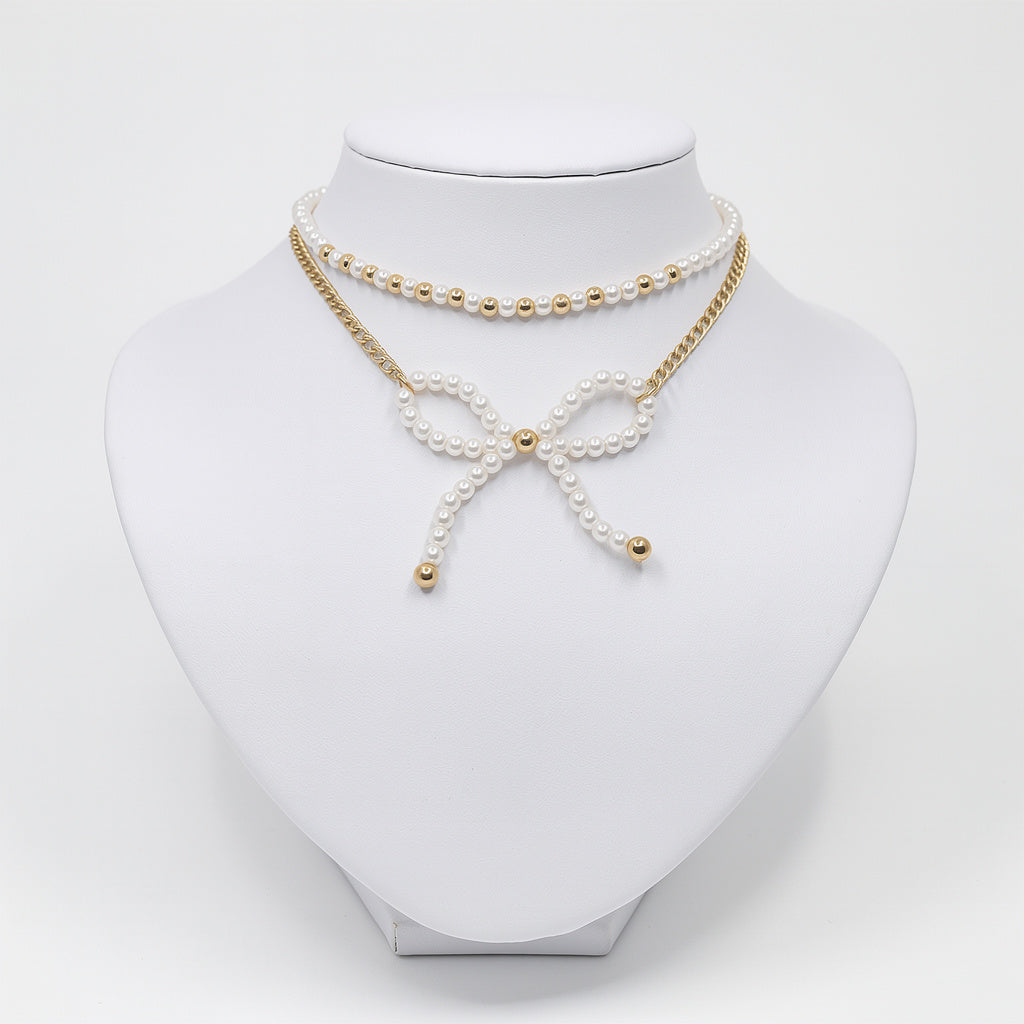 Classic Pearl Bow Layered Chain Necklace