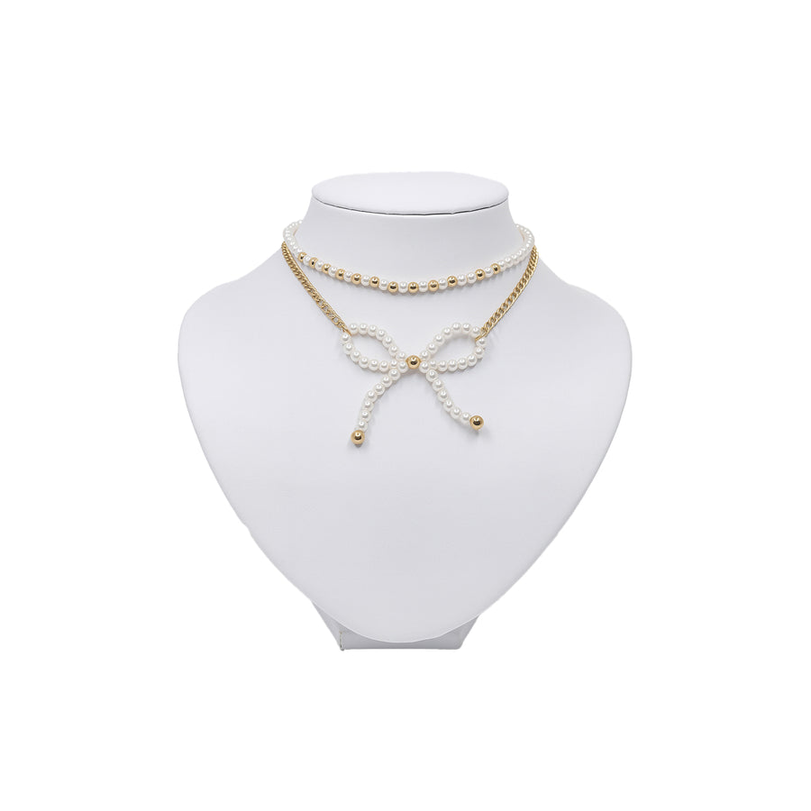 Handmade Classic Pearl Bow Layered Chain Necklace by Lumi