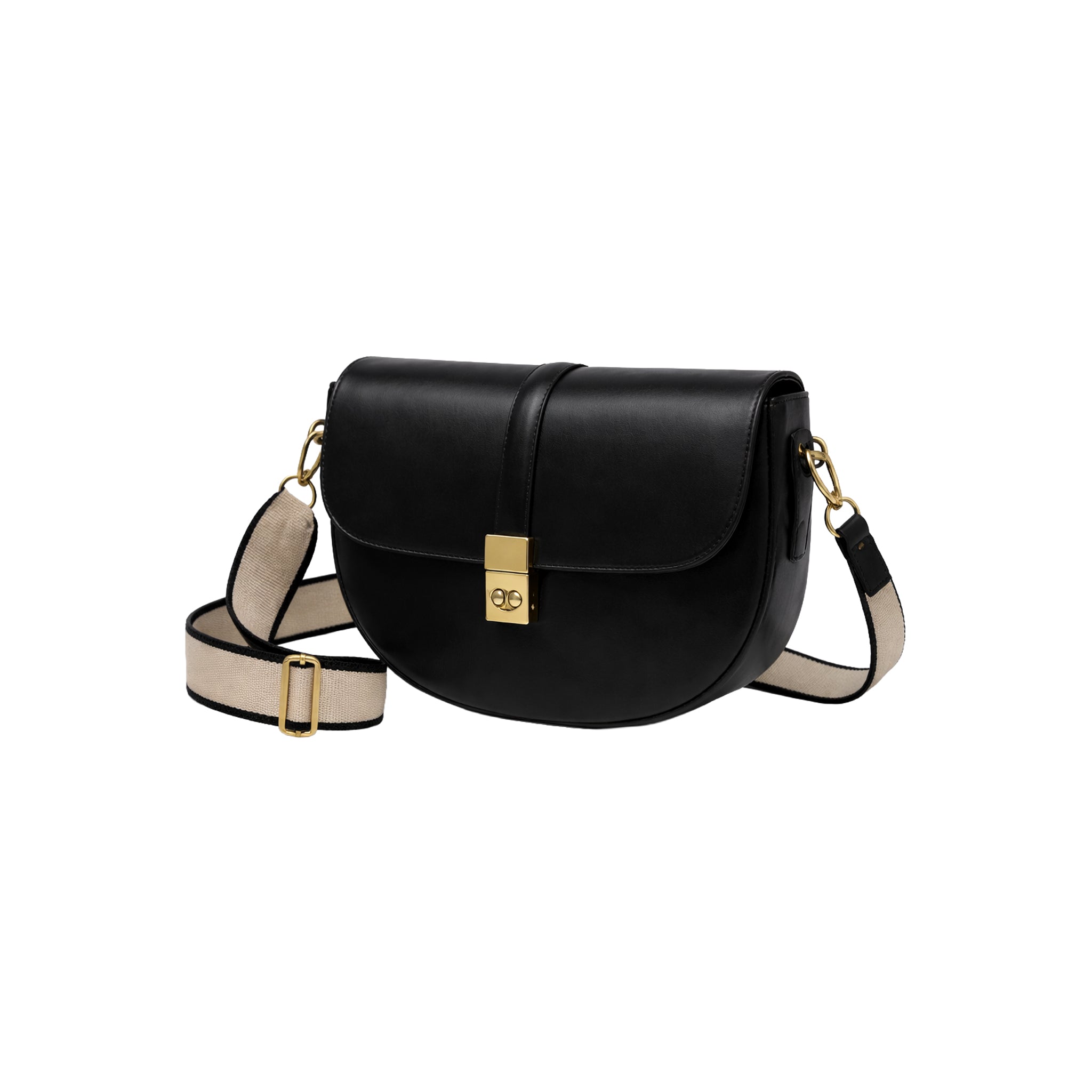 Black half-moon shoulder bag with gold-tone hardware by Lumi.
