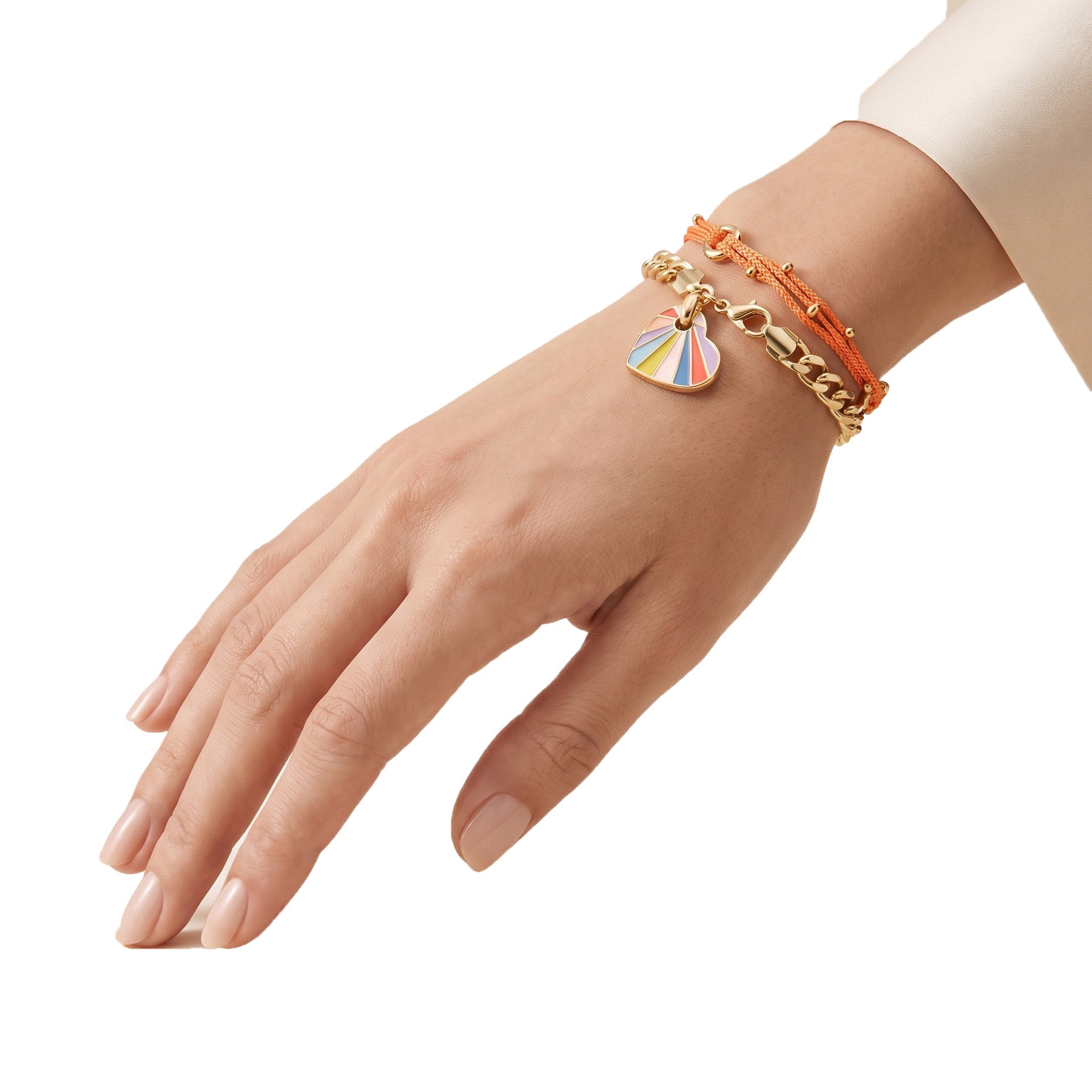 LUMI Sunset Charm Bracelet Set styled on the wrist with an orange beaded bracelet and a gold chain bracelet featuring a colorful shell charm