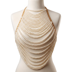 Aurelia pearl body top on a mannequin, cascading ivory pearls and gold-tone chain