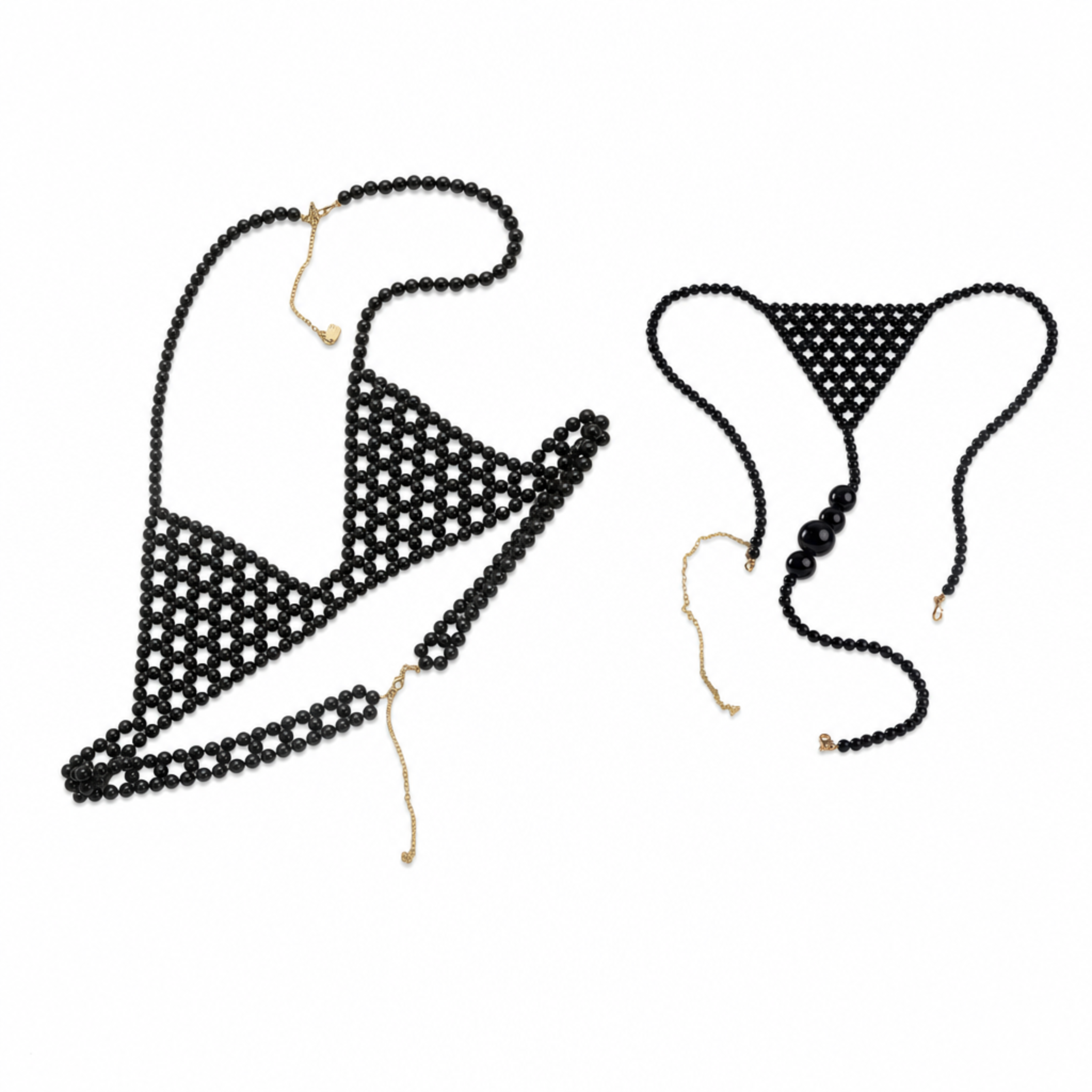 Handmade Eclipse Noir body jewelry bundle featuring a matching black pearl bra and black pearl bikini with adjustable gold-tone chains by LUMI.
