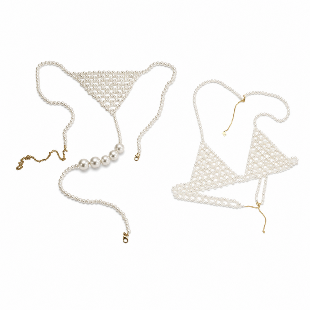 Handmade Moonlight Pearl body jewelry bundle featuring a matching pearl bra and pearl bikini with adjustable gold-tone chains by LUMI.