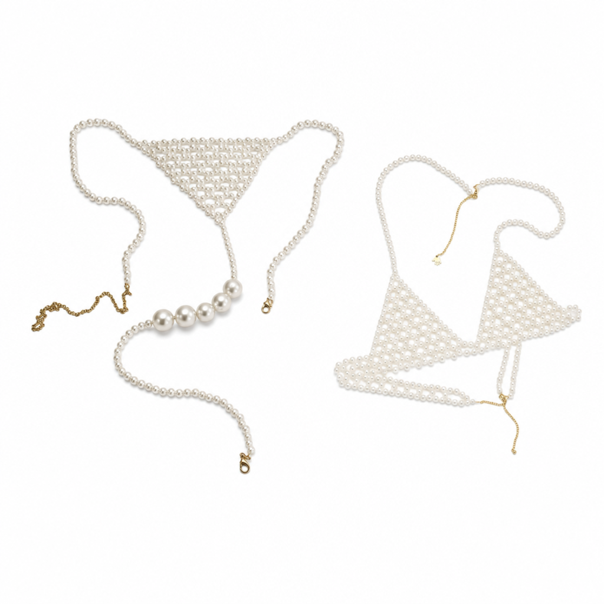Handmade Moonlight Pearl body jewelry bundle featuring a matching pearl bra and pearl bikini with adjustable gold-tone chains by LUMI.