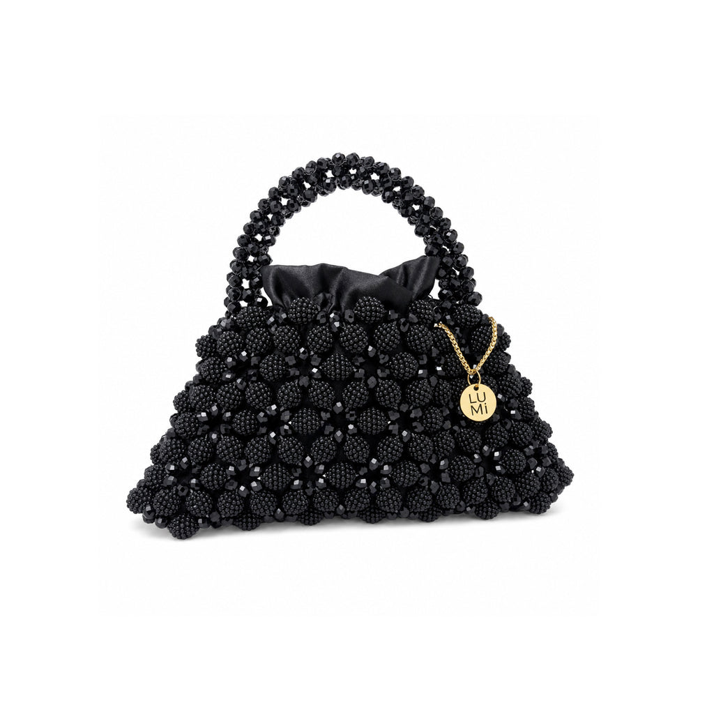 Handmade black crystal handbag with signature beaded berry design, gold-tone charm, and top handle by Lumi.