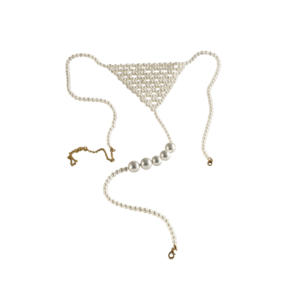 Handmade ivory pearl body jewelry bikini with adjustable gold-tone chains by LUMI.