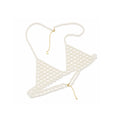 Handmade ivory pearl body jewelry bra with adjustable gold-tone chains by LUMI.