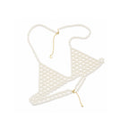 Handmade ivory pearl body jewelry bra with adjustable gold-tone chains by LUMI.