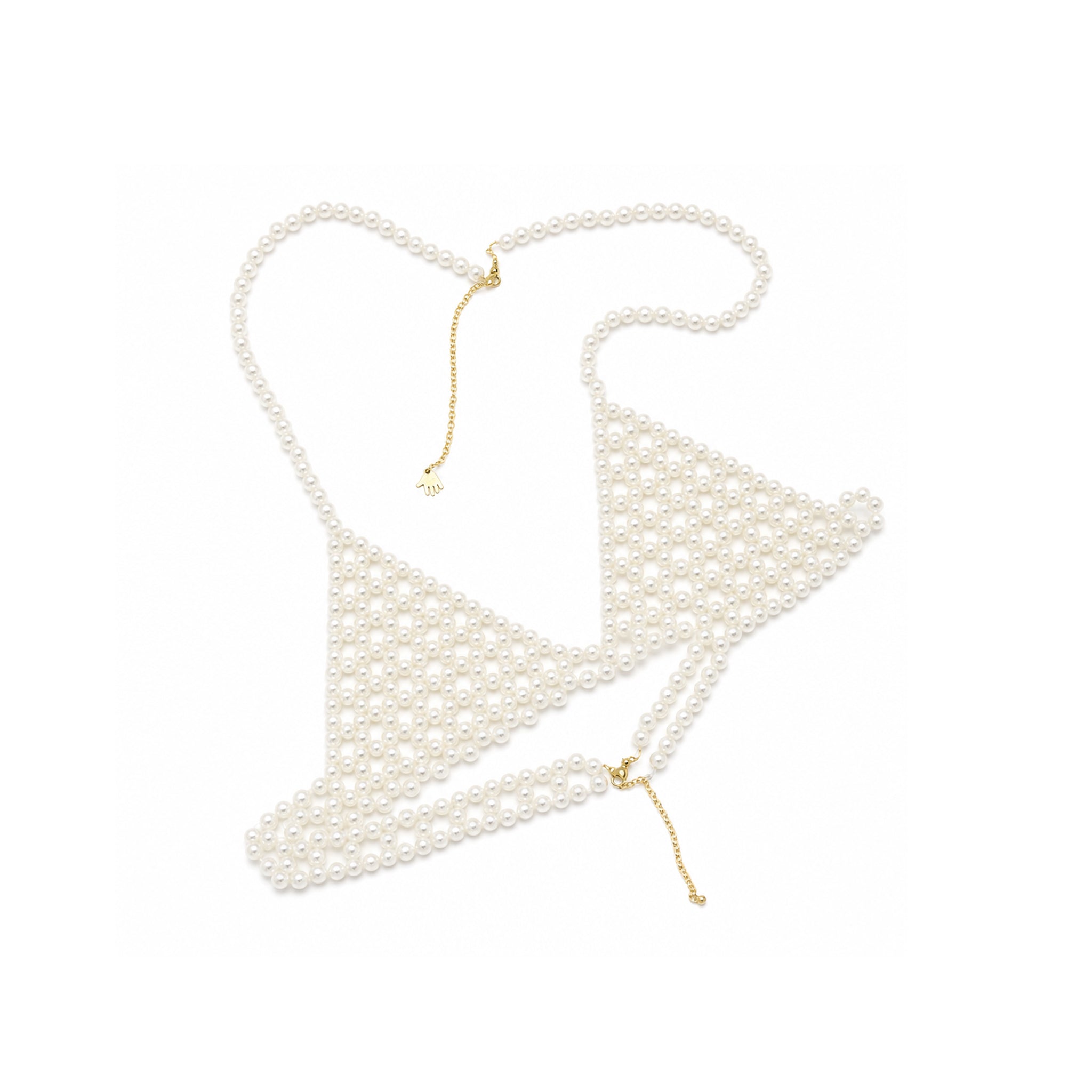 Handmade ivory pearl body jewelry bra with adjustable gold-tone chains by LUMI.