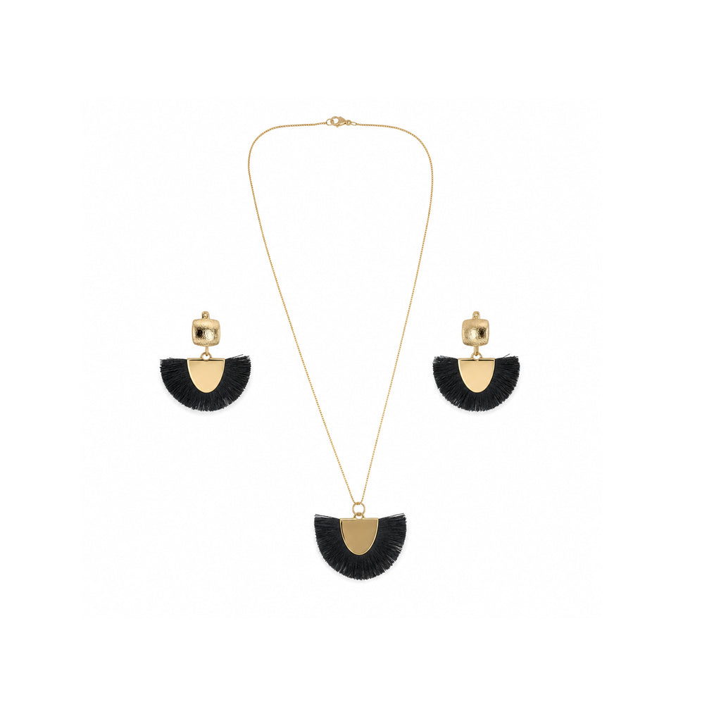 Handmade gold-plated necklace and earrings jewelry set with black accents by LUMI.