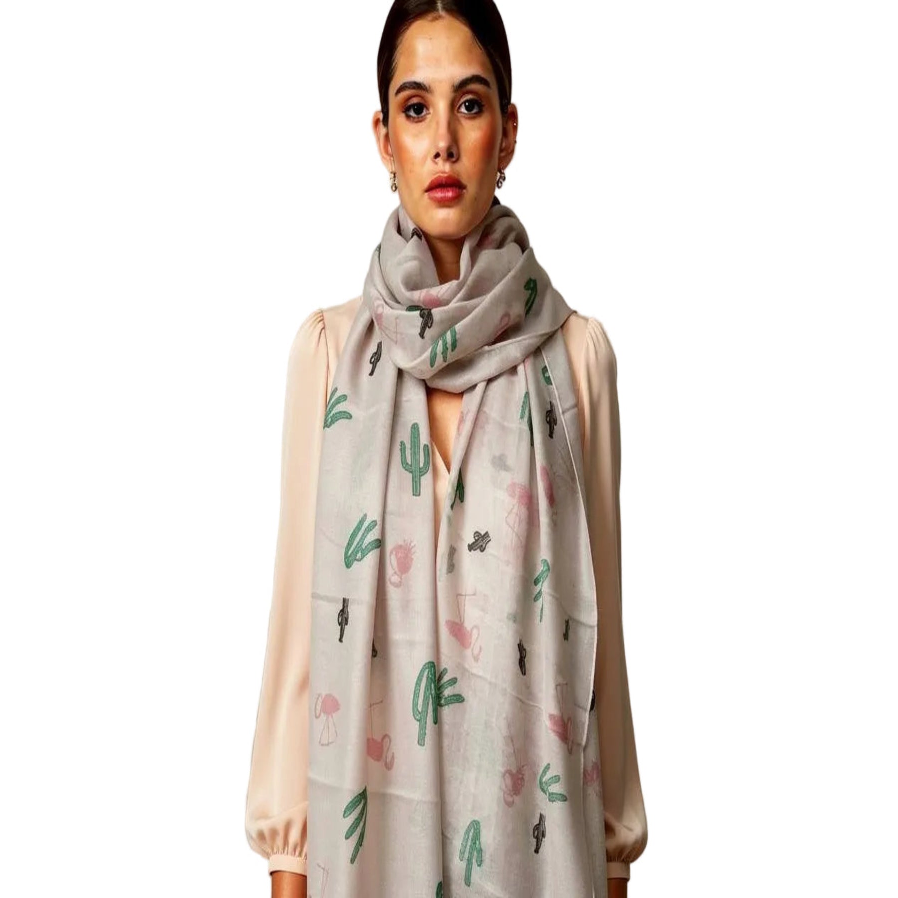 Model wearing the Flamingo Mist Scarf by Lumi