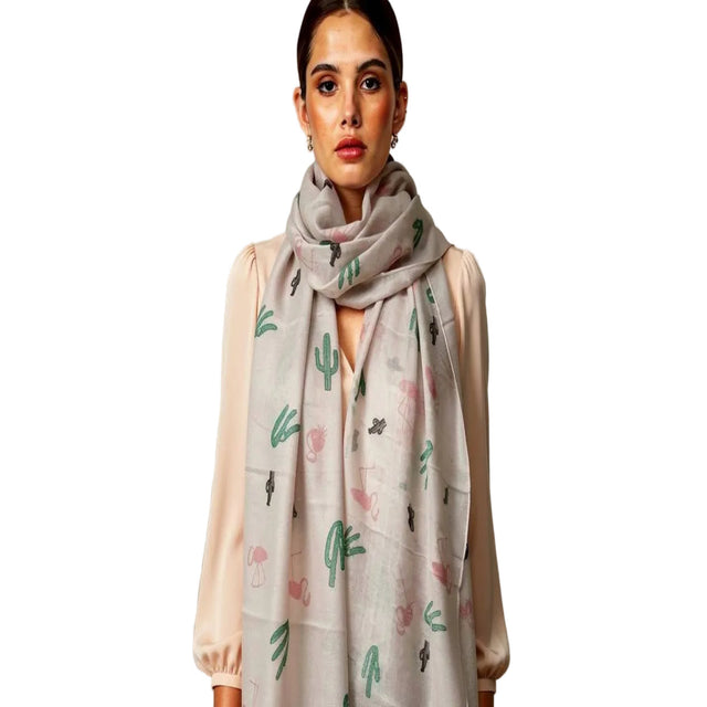 Model wearing the Flamingo Mist Scarf by Lumi