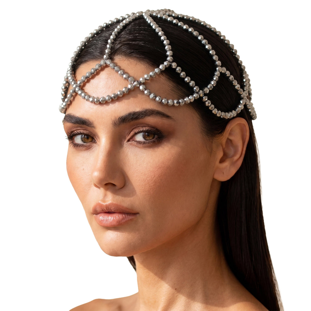 LUMI Aurelia Crystal Headpiece - Silver styled on the model with shimmering silver crystal beads