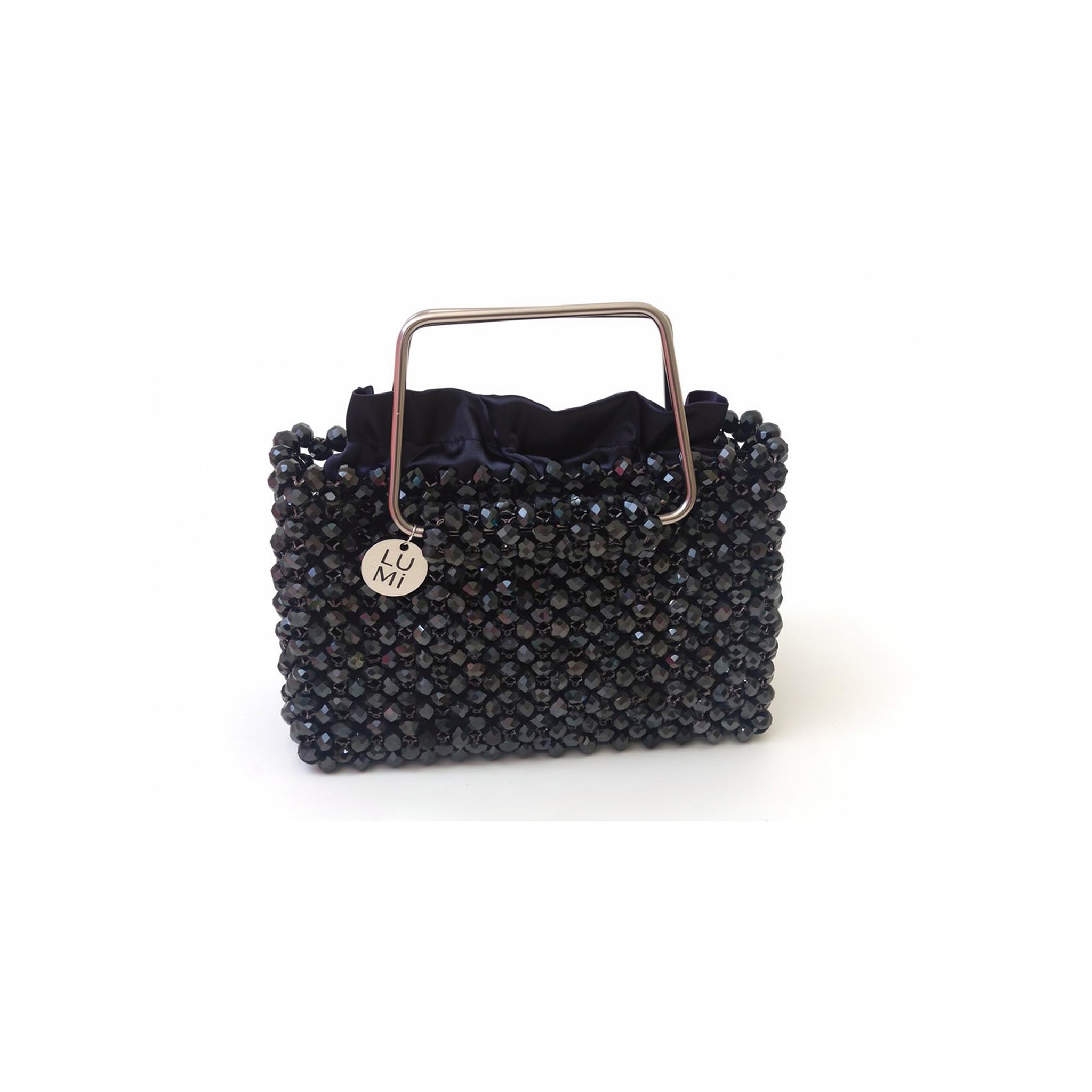 Handmade navy crystal handbag with metallic top handle and satin lining by Lumi.