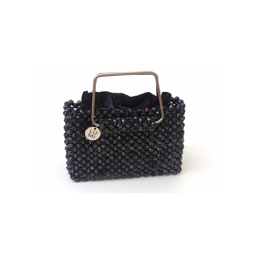 Handmade navy crystal handbag with metallic top handle and satin lining by Lumi.