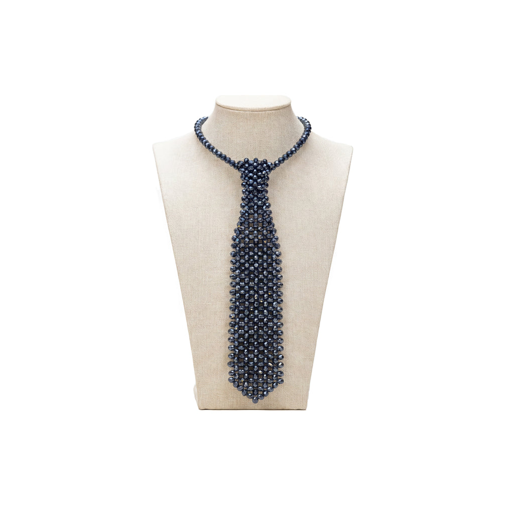 Handmade navy crystal necktie with adjustable chain by Lumi.