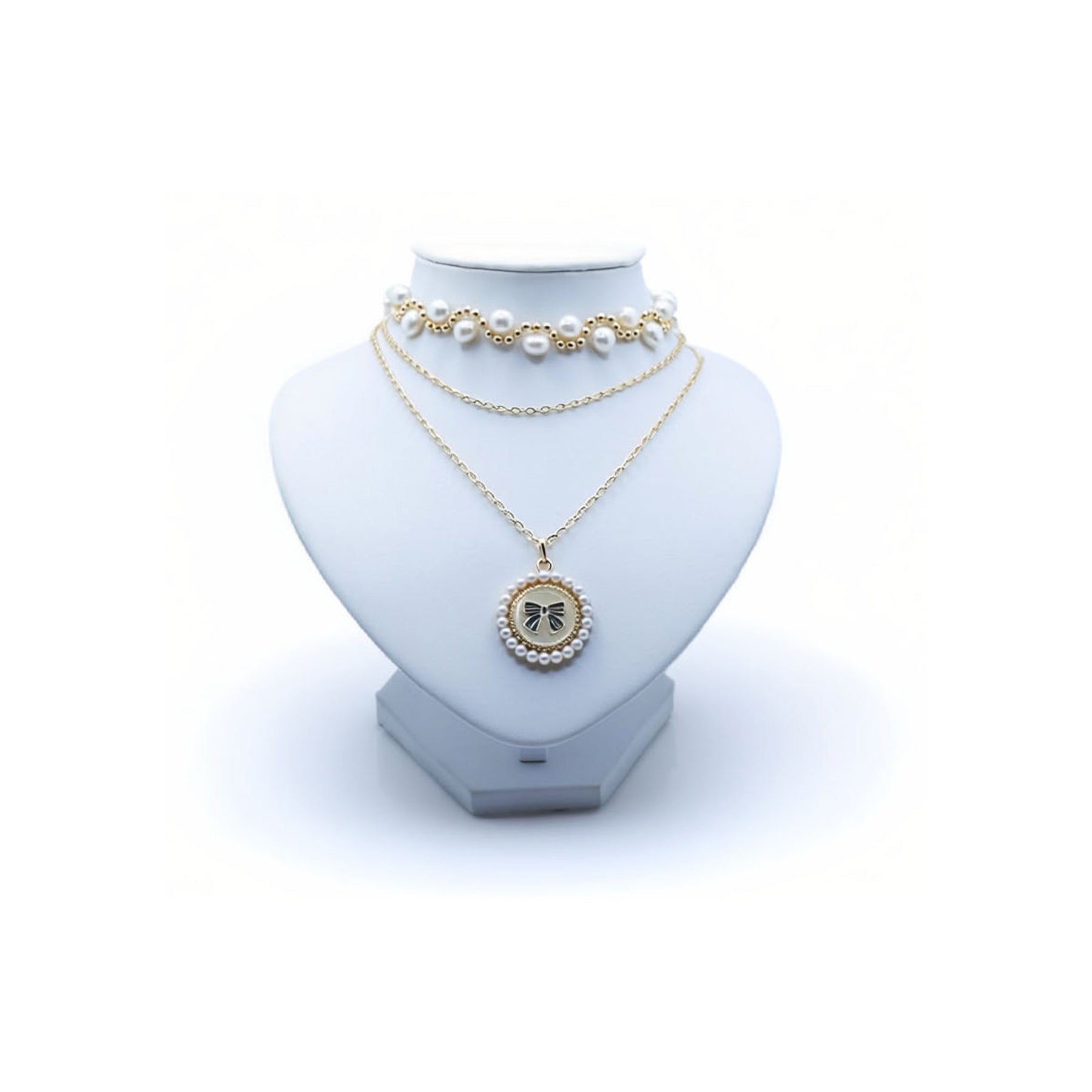 Handmade Pearl Bow Medallion Layered Necklace by Lumi
