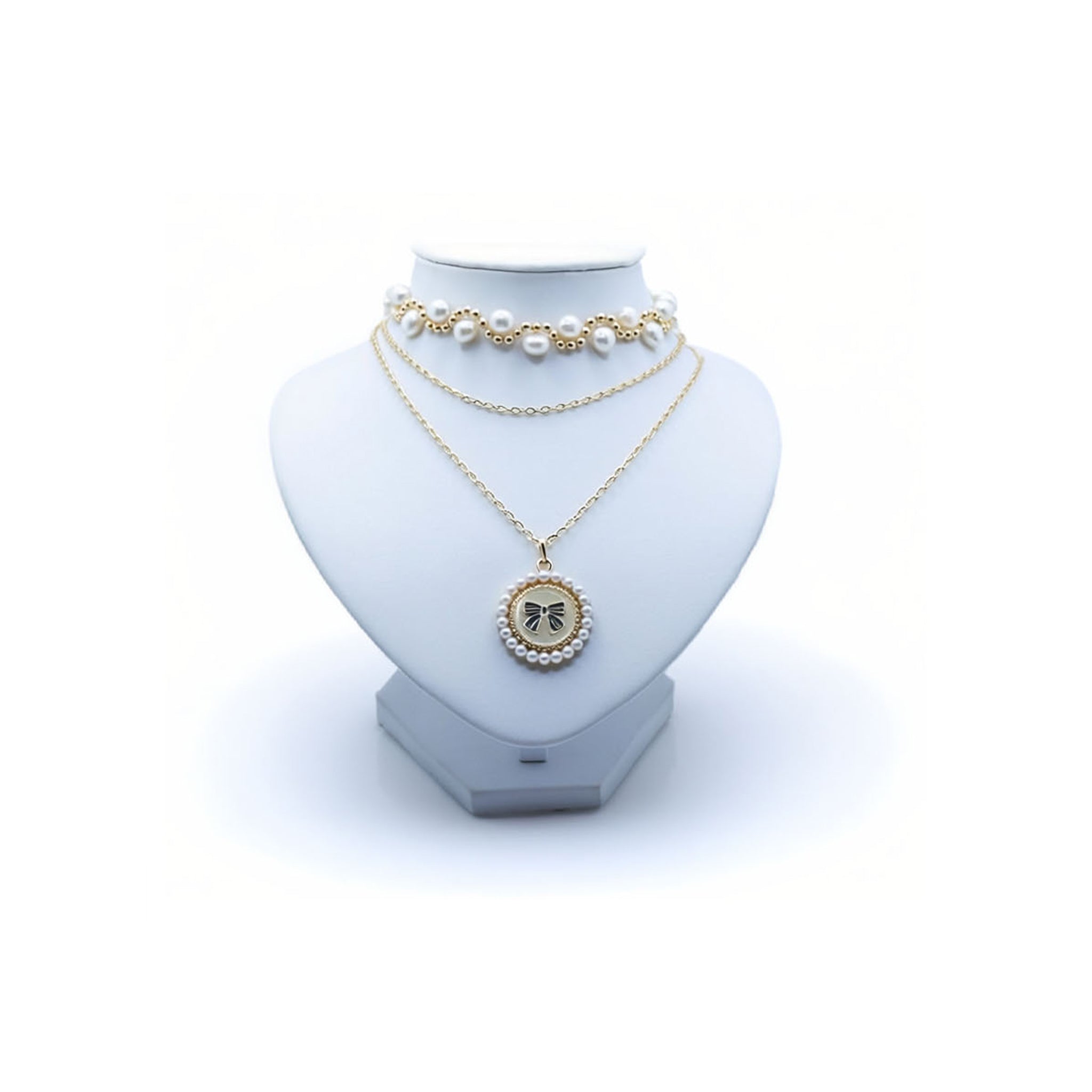 Pearl Bow Medallion Layered Necklace