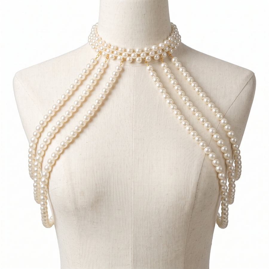 LUMI Pearl Cascade Body Necklace handcrafted with luminous ivory pearls