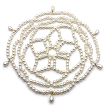 Aurelia ivory pearl headpiece laid flat, lattice of pearl strands and teardrop accents