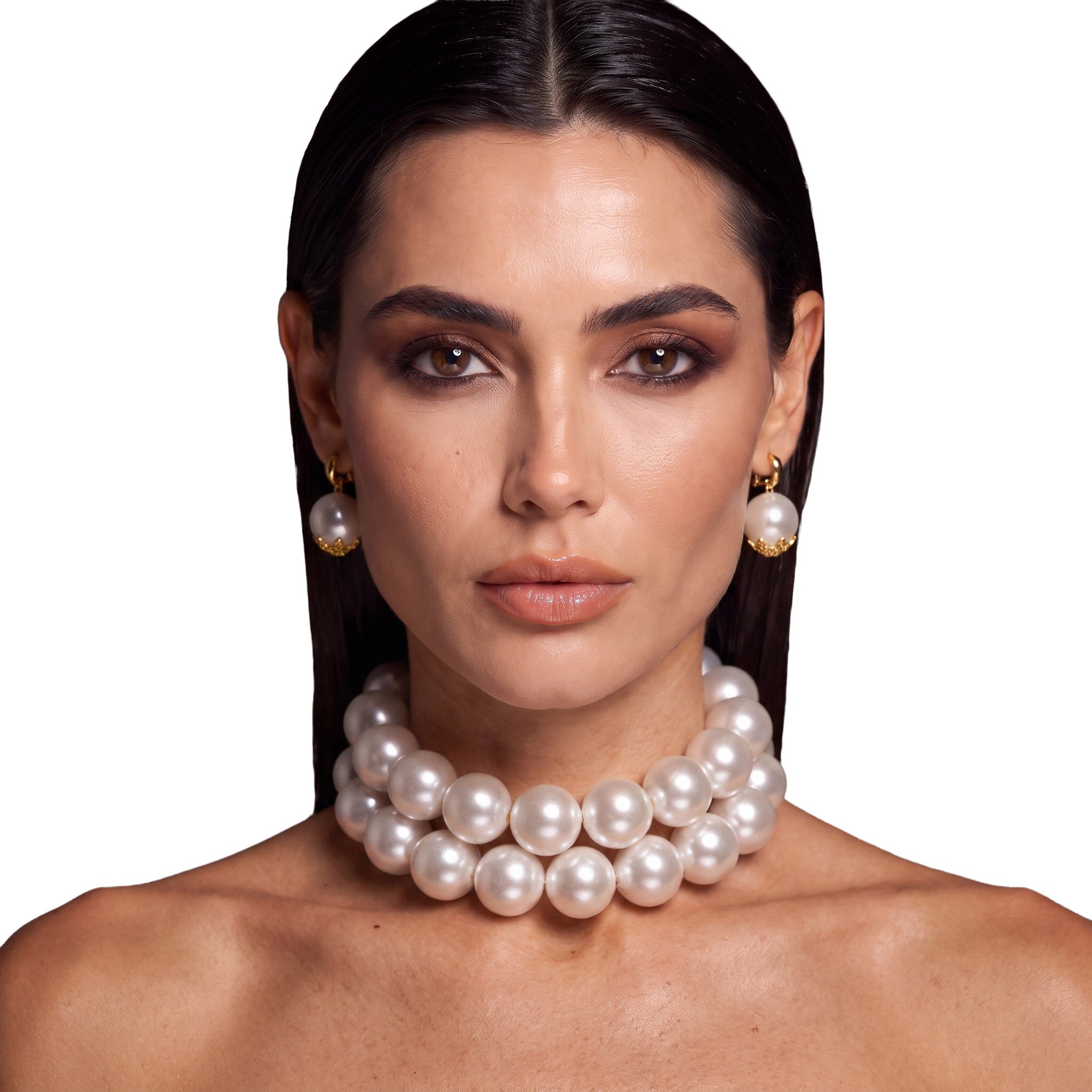 Model wearing the LUMI The Royale Pearl Jewelry Set featuring a double-strand pearl choker and matching pearl earrings