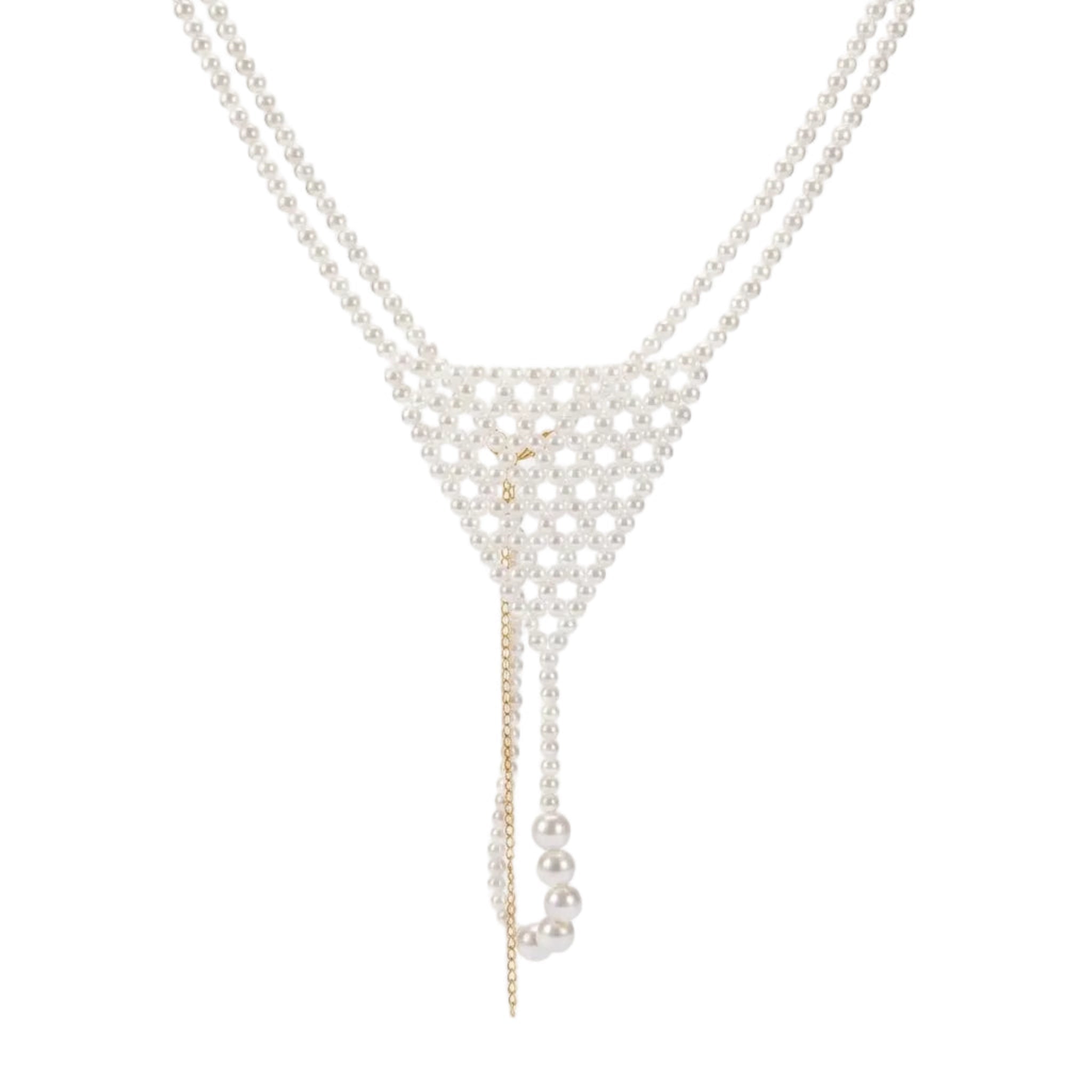 Handmade ivory pearl body jewelry bikini with adjustable gold-tone chains by LUMI.