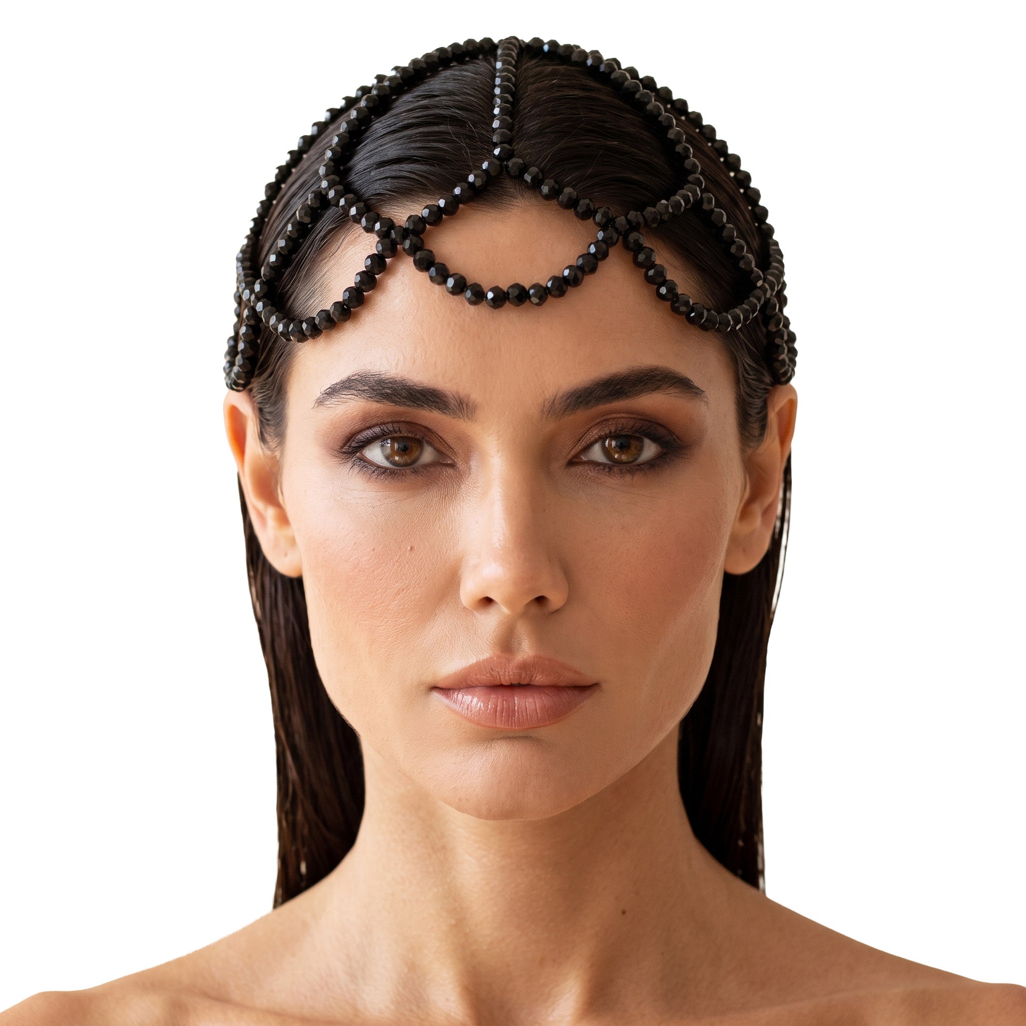Model wearing the handmade black crystal headpiece featuring shimmering faceted crystal beads.