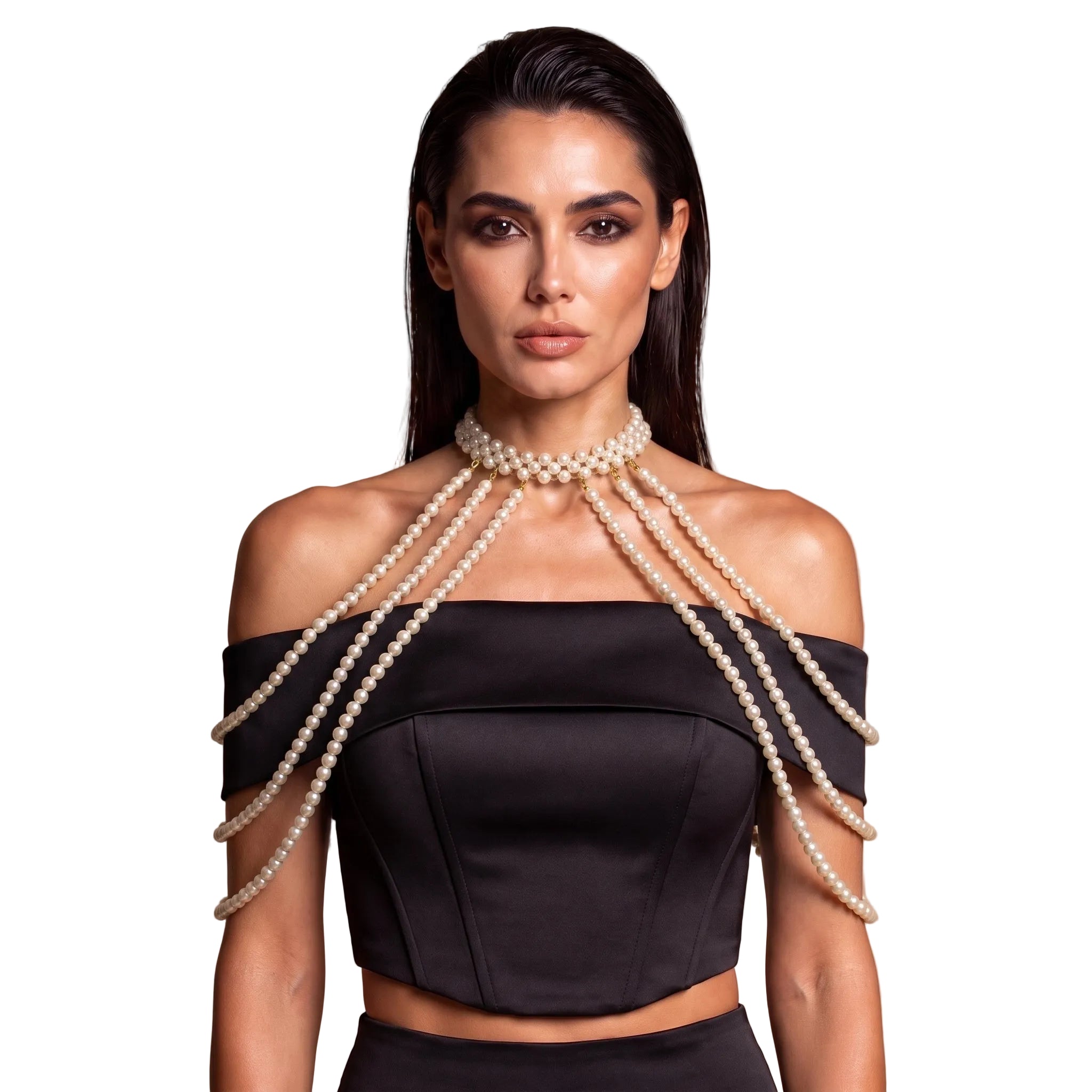 Model wearing the LUMI Pearl Cascade Body Necklace with elegant shoulder drape