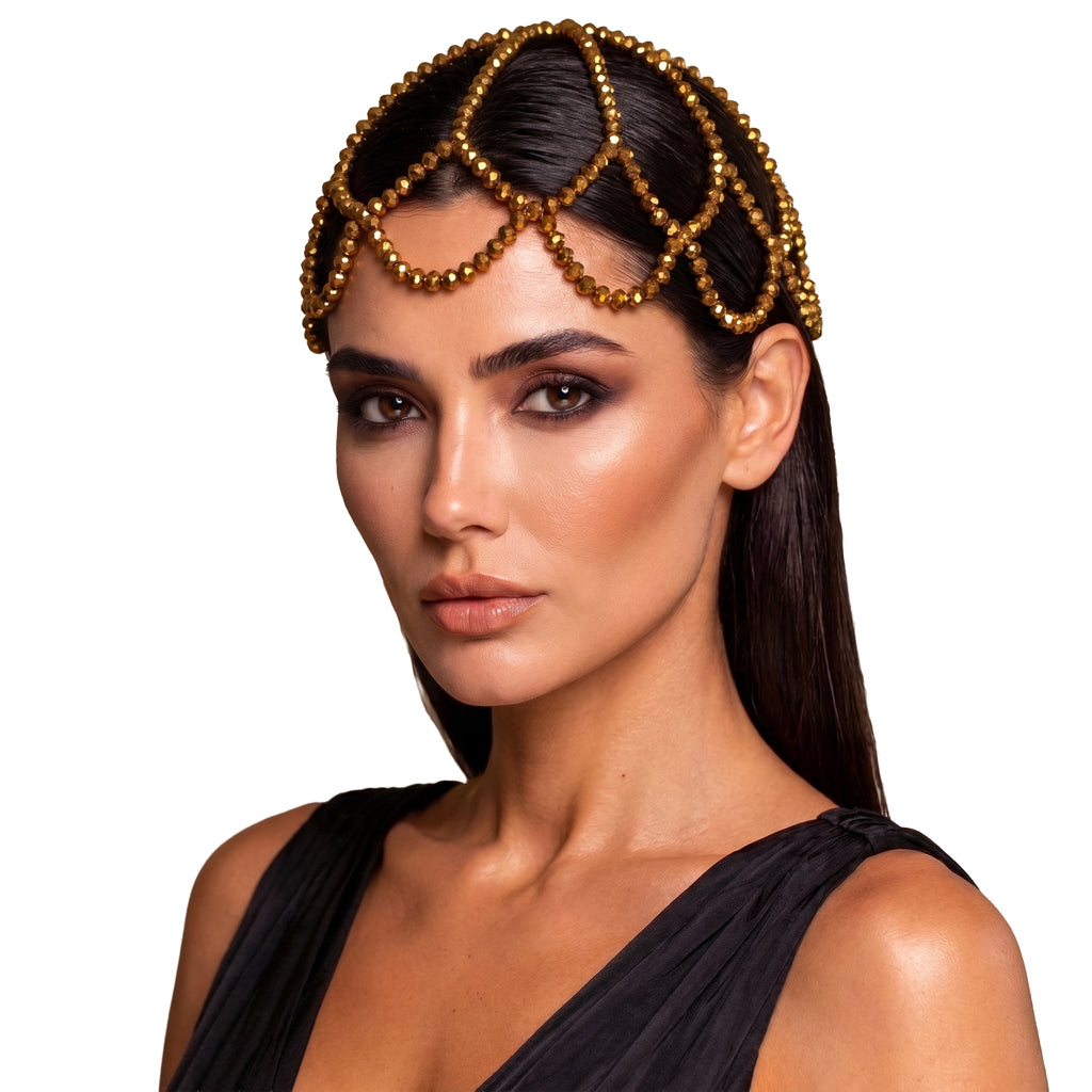 Model wearing the handmade gold crystal headpiece featuring shimmering faceted bead detailing.
