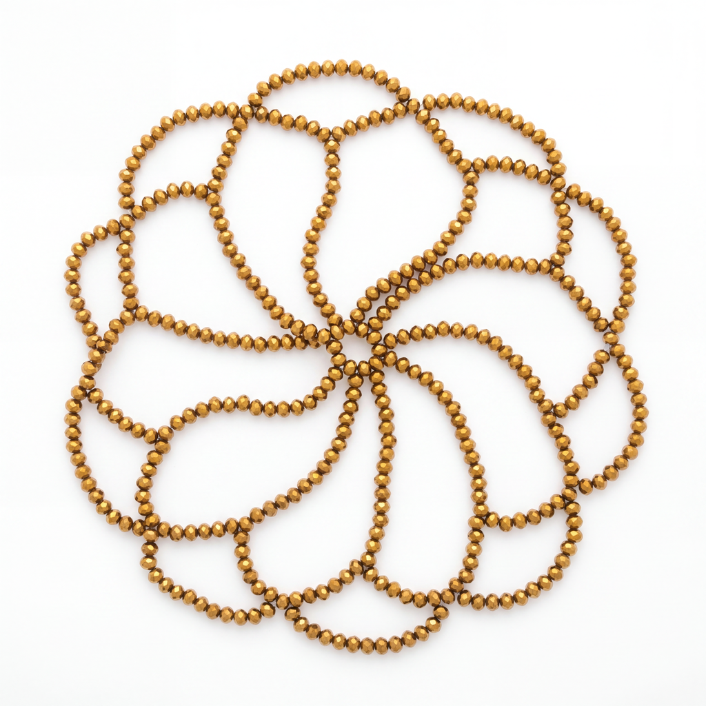 Handmade gold crystal headpiece laid flat showcasing its elegant draped bead design.