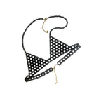 Handmade black pearl body jewelry bra with adjustable gold-tone chains by LUMI.