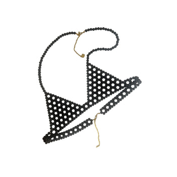 Handmade black pearl body jewelry bra with adjustable gold-tone chains by LUMI.