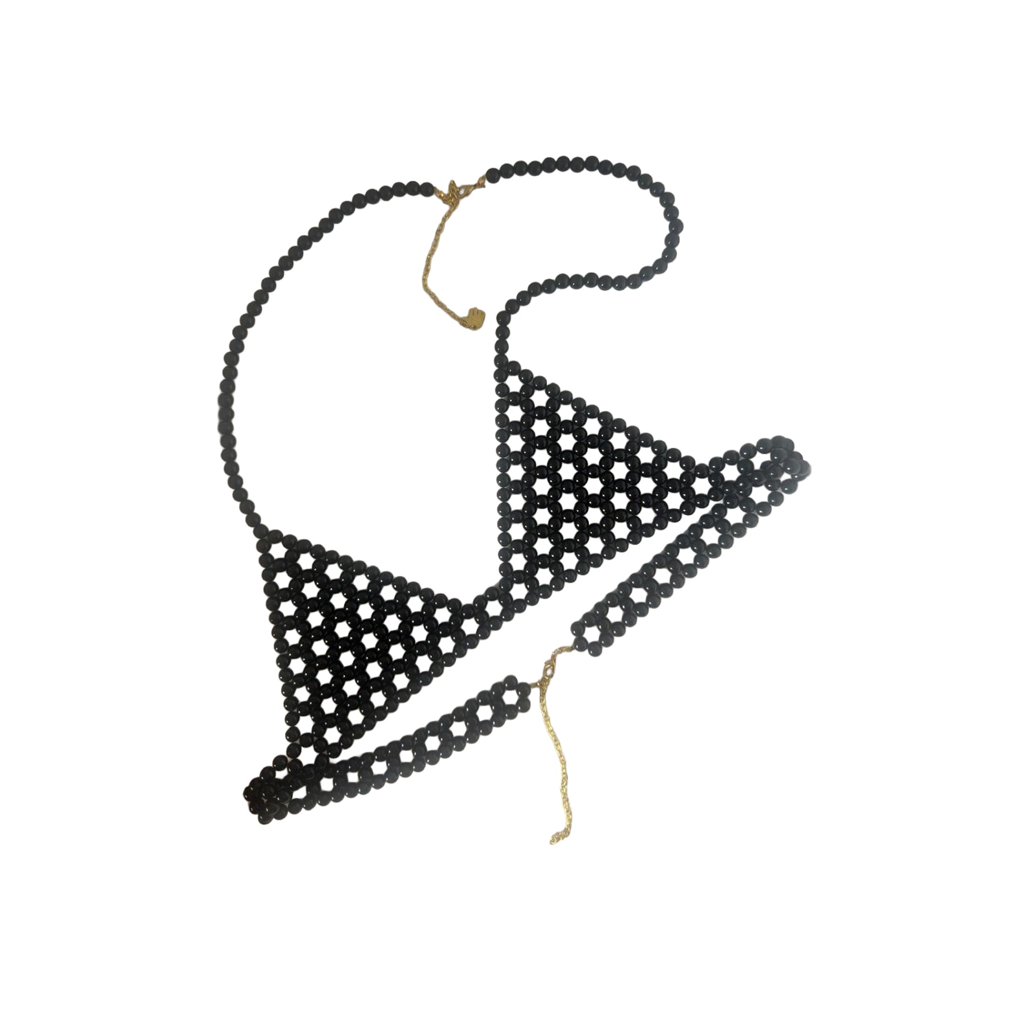 Handmade black pearl body jewelry bra with adjustable gold-tone chains by LUMI.