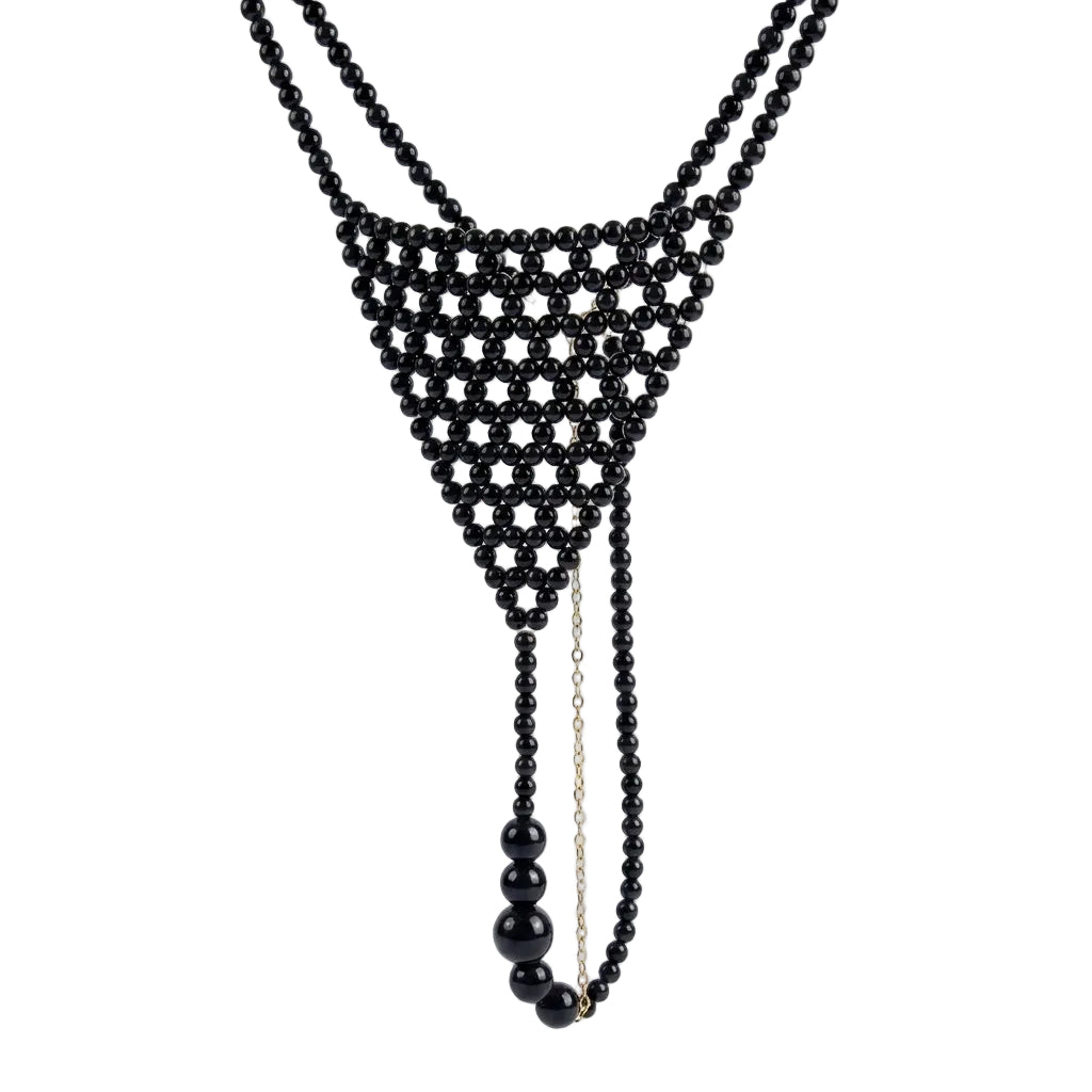 Handmade black pearl body jewelry bikini with adjustable gold-tone chains by LUMI.