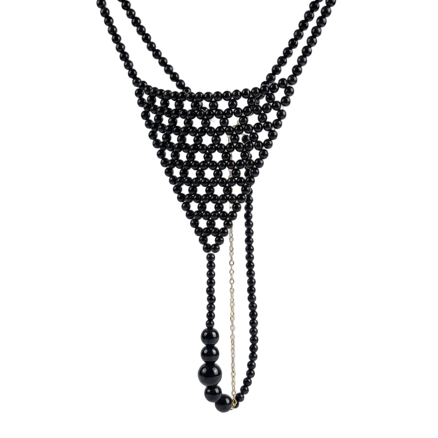 Handmade black pearl body jewelry bikini with adjustable gold-tone chains by LUMI.