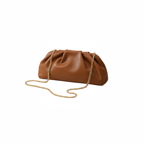 Caramel clutch bag with a modern gathered design by Lumi.