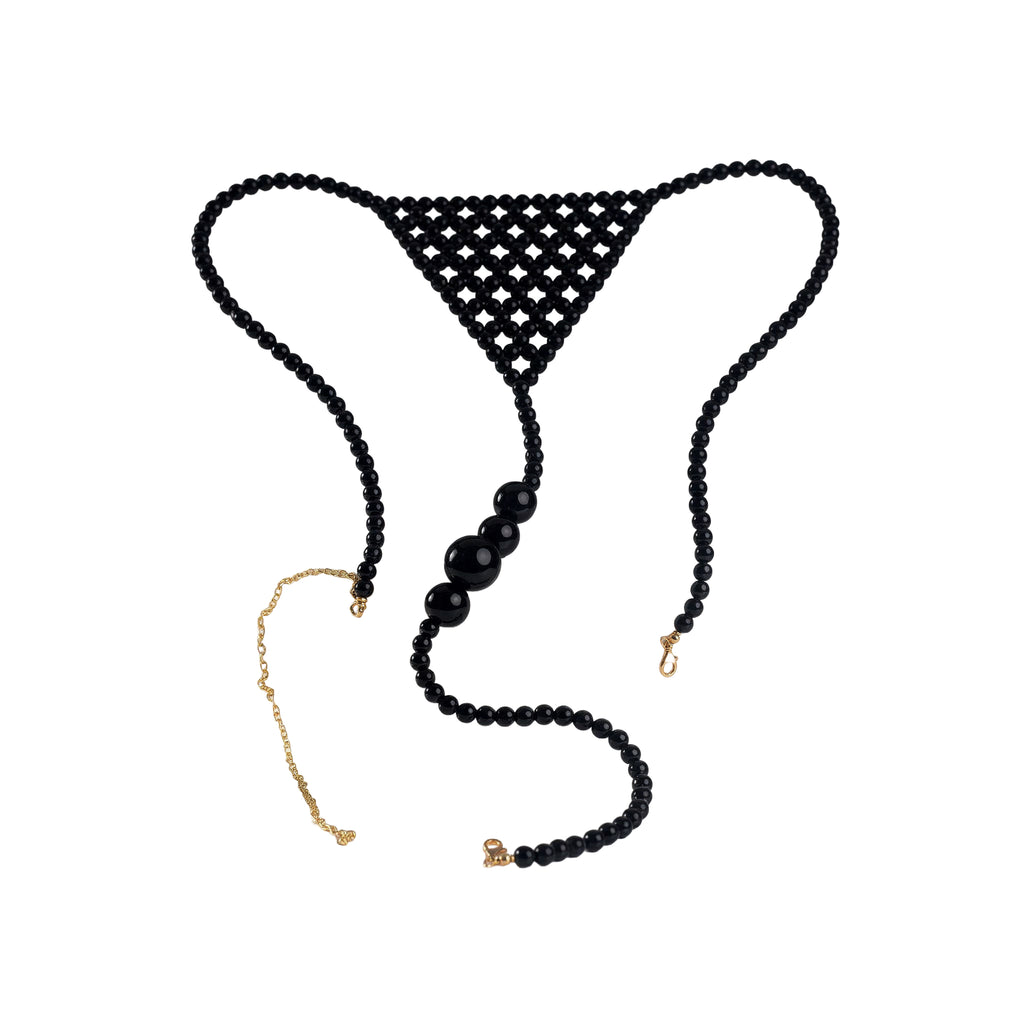 Handmade black pearl body jewelry bikini with adjustable gold-tone chains by LUMI.