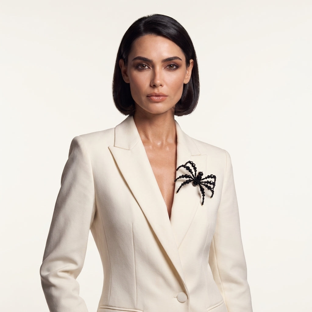 Fashion model wearing LUMI's handmade Arachné Crystal Spider Brooch – Noir on the lapel of an ivory tailored blazer, showcasing the dramatic black crystal spider design.
